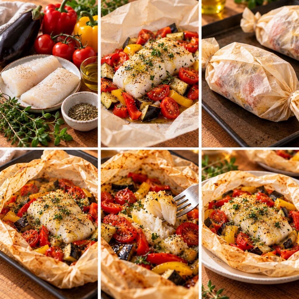 Dos de cabillaud cuit en papillote avec aubergine, tomates, poivron, huile d’olive et herbes méditerranéennes, servi chaud.