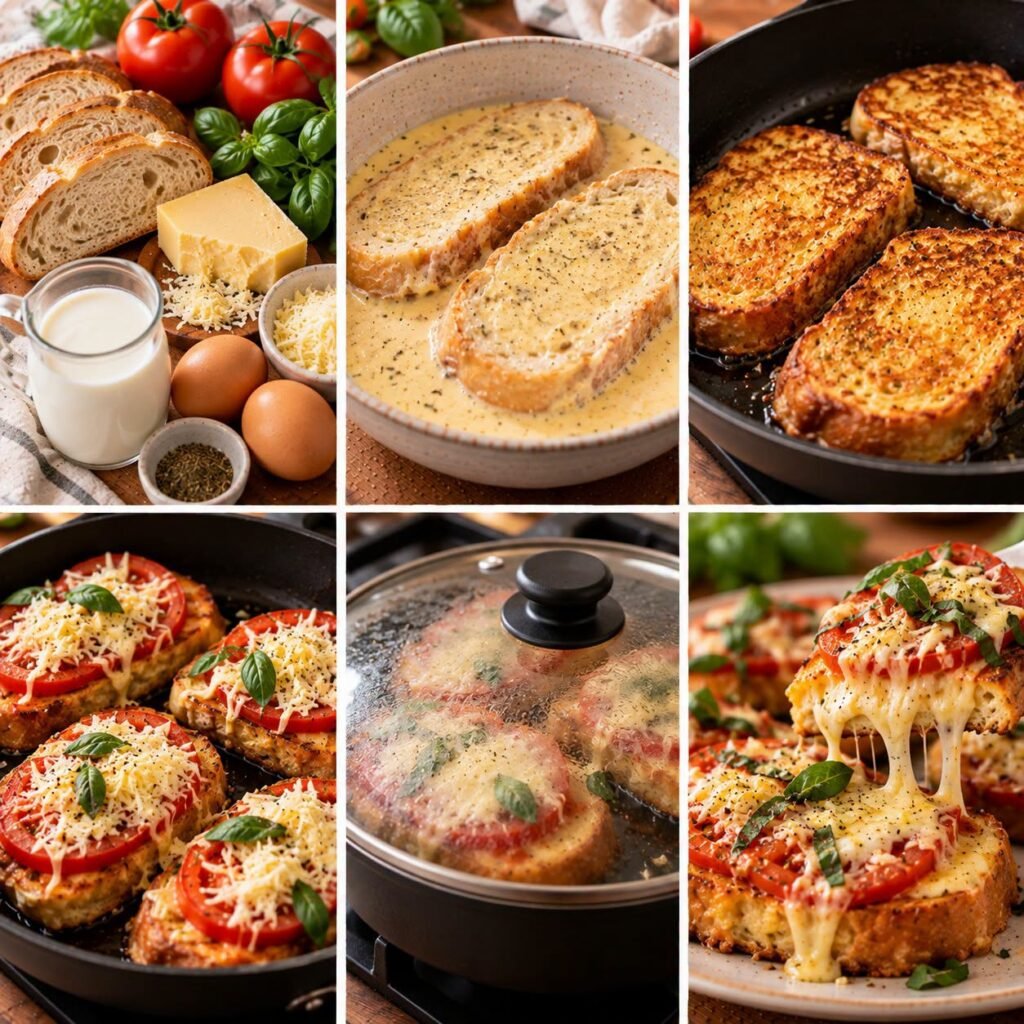 Pain perdu salé doré à la poêle, garni de tomates fraîches, comté fondu et feuilles de basilic, servi encore chaud.
