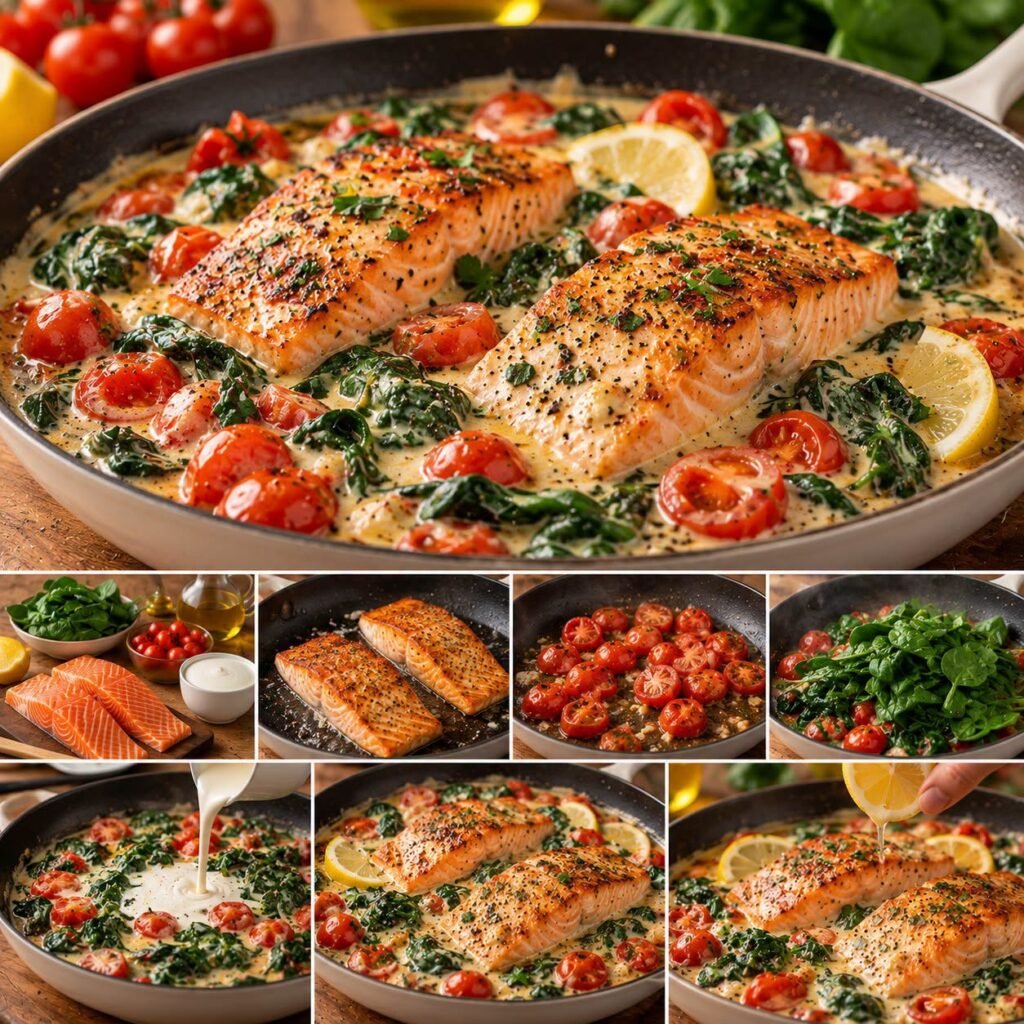 Pavés de saumon dorés servis dans une sauce crémeuse avec épinards fondants, tomates cerises et filet de citron frais.