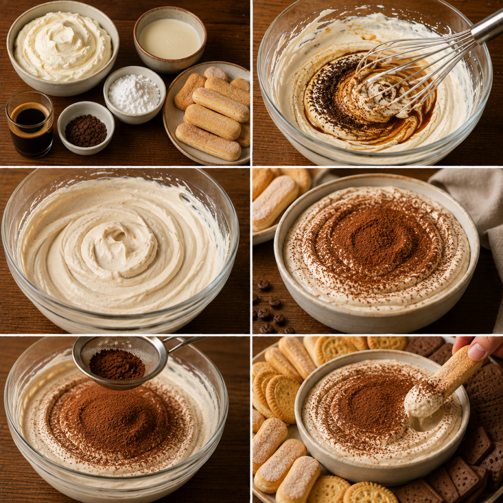 Dip tiramisu au café crémeux au mascarpone, saupoudré de cacao en poudre et servi dans un bol avec des biscuits croquants à tremper.
