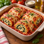 Lasagnes roulées individuelles garnies de ricotta et d’épinards, nappées de sauce tomate et gratinées avec de la mozzarella fondante.