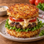Burger composé de deux galettes de pommes de terre dorées et croustillantes, garni d’un steak haché, de salade fraîche et de sauce burger.