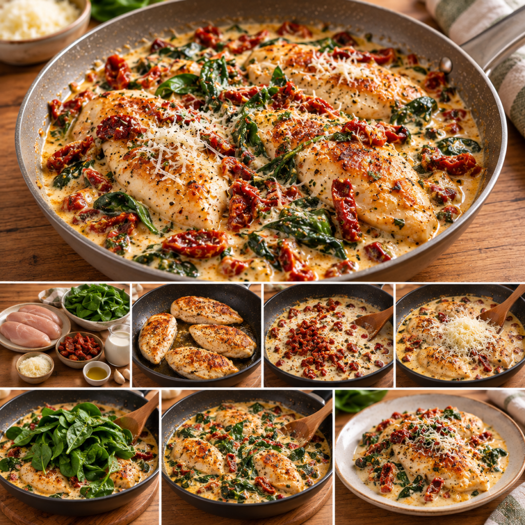 Poulet mariage parfait servi dans une sauce crémeuse au parmesan avec tomates séchées et épinards frais, préparé dans une poêle.