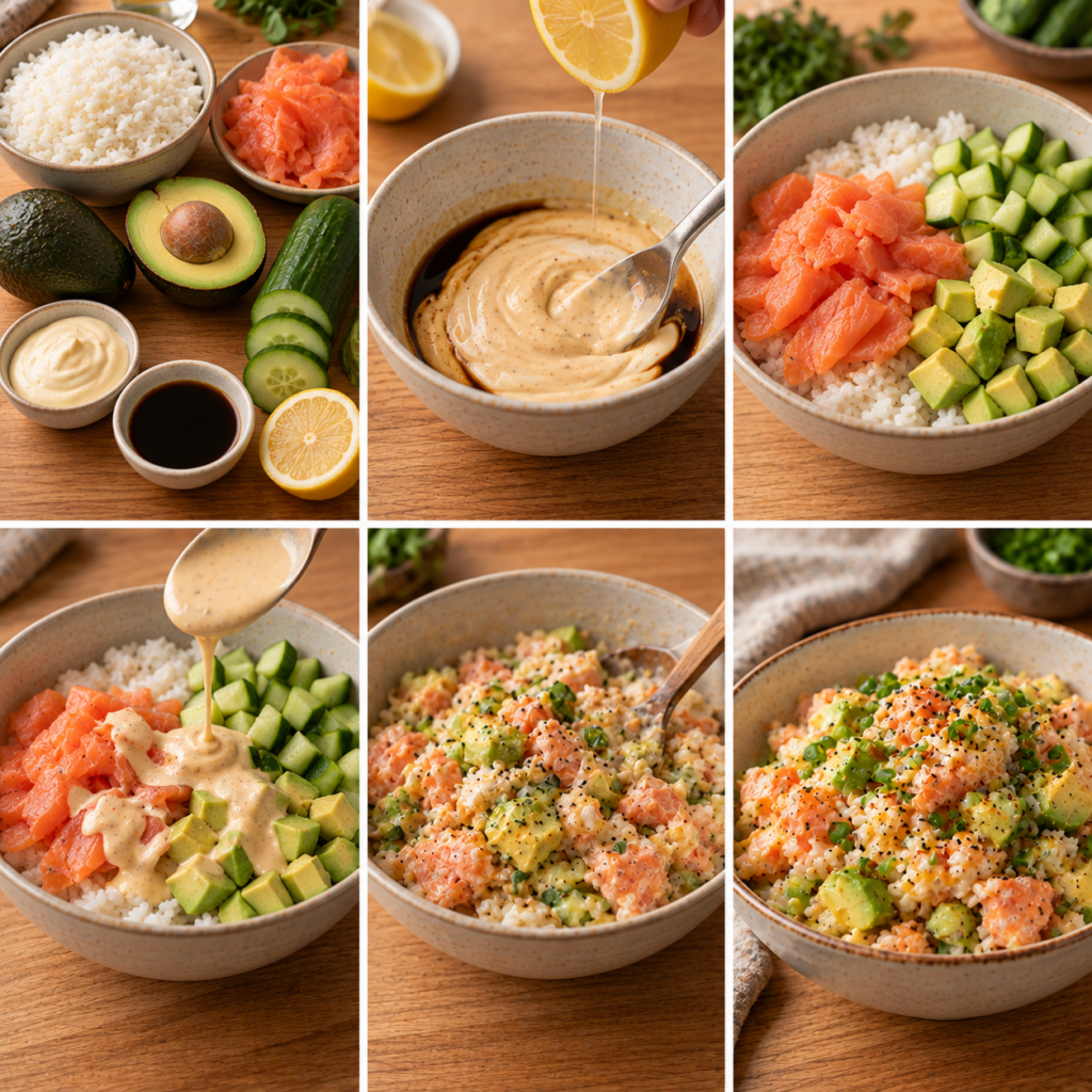 Bowl de riz au saumon avec tranches d’avocat, dés de concombre et sauce crémeuse à la mayonnaise, sauce soja et citron.