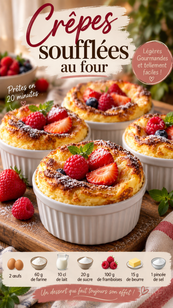 Crêpes soufflées au four aux framboises fraîches, dorées et gonflées, servies dans de petits moules individuels à la sortie du four.