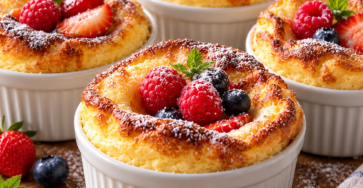 Crêpes soufflées au four aux framboises fraîches, dorées et gonflées, servies dans de petits moules individuels à la sortie du four.
