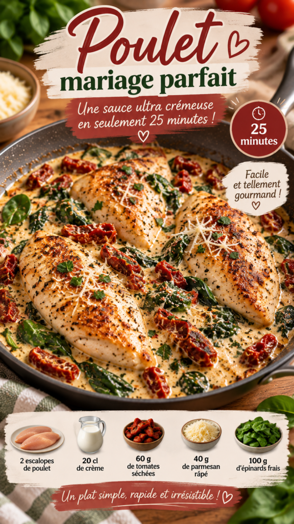 Poulet mariage parfait servi dans une sauce crémeuse au parmesan avec tomates séchées et épinards frais, préparé dans une poêle.