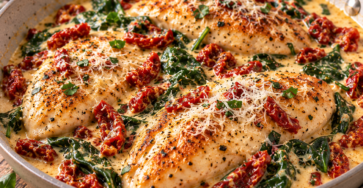 Poulet mariage parfait servi dans une sauce crémeuse au parmesan avec tomates séchées et épinards frais, préparé dans une poêle.