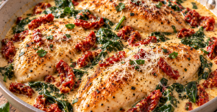 Poulet mariage parfait servi dans une sauce crémeuse au parmesan avec tomates séchées et épinards frais, préparé dans une poêle.