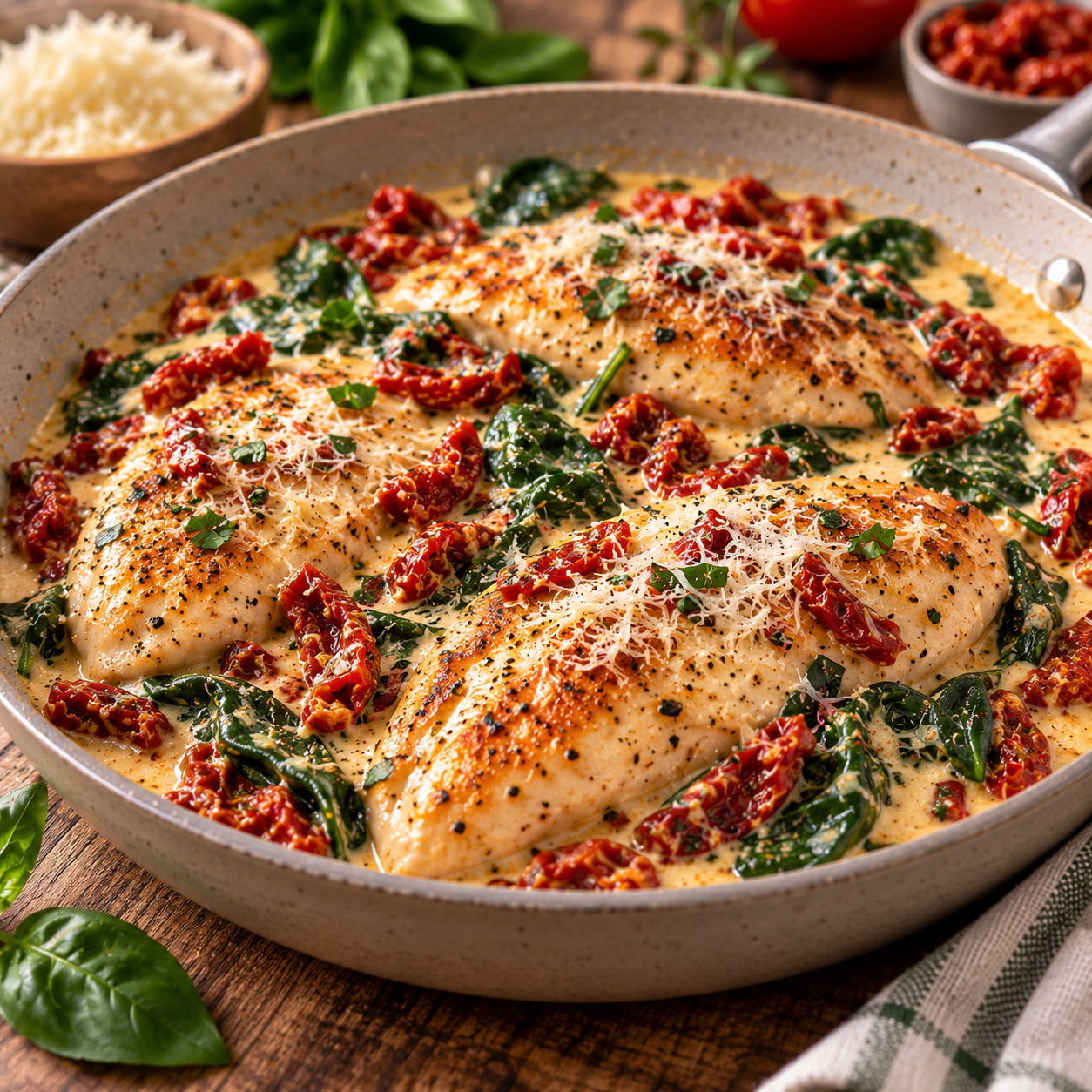 Poulet mariage parfait servi dans une sauce crémeuse au parmesan avec tomates séchées et épinards frais, préparé dans une poêle.