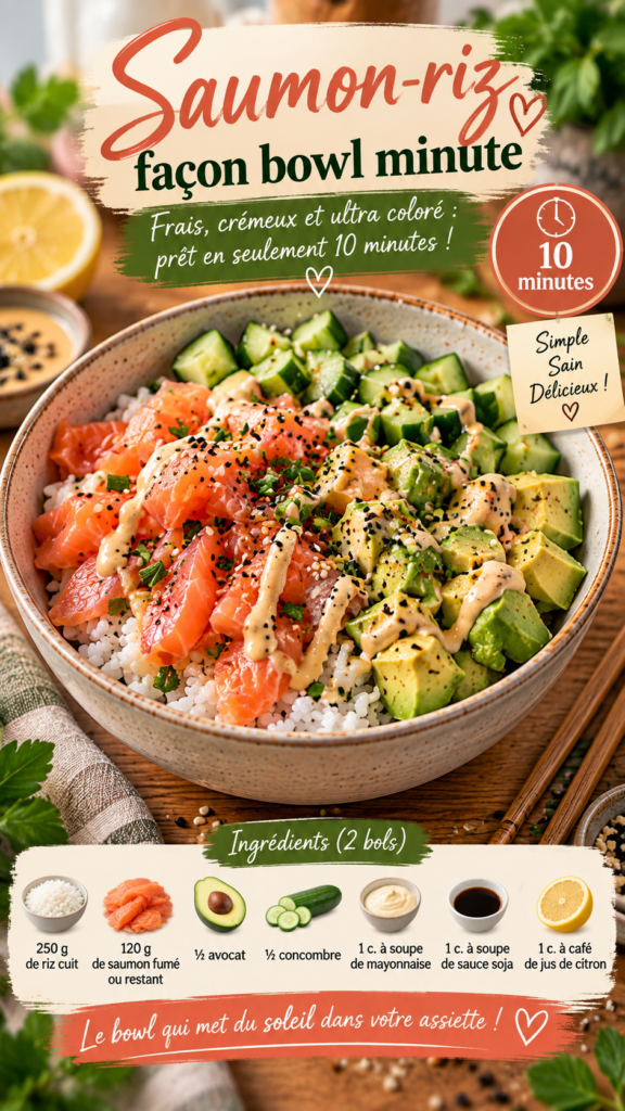 Bowl de riz au saumon avec tranches d’avocat, dés de concombre et sauce crémeuse à la mayonnaise, sauce soja et citron.