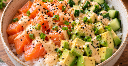 Bowl de riz au saumon avec tranches d’avocat, dés de concombre et sauce crémeuse à la mayonnaise, sauce soja et citron.