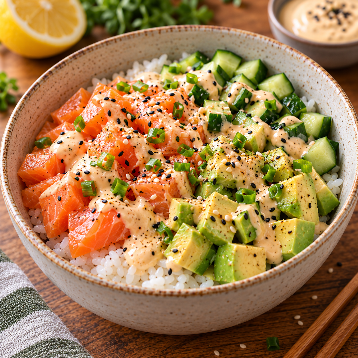 Bowl de riz au saumon avec tranches d’avocat, dés de concombre et sauce crémeuse à la mayonnaise, sauce soja et citron.
