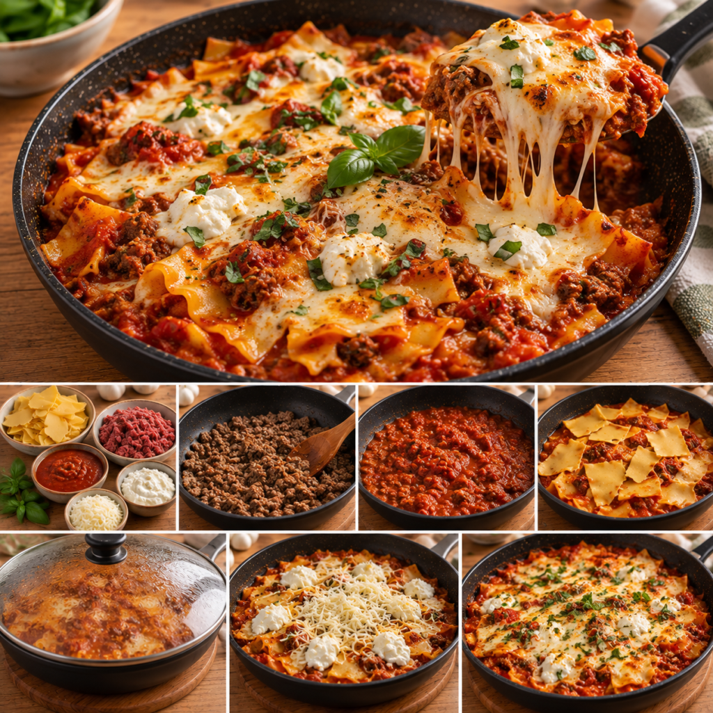 Lasagnes express à la poêle avec viande hachée et sauce tomate, garnies de ricotta crémeuse et de mozzarella fondue et filante.