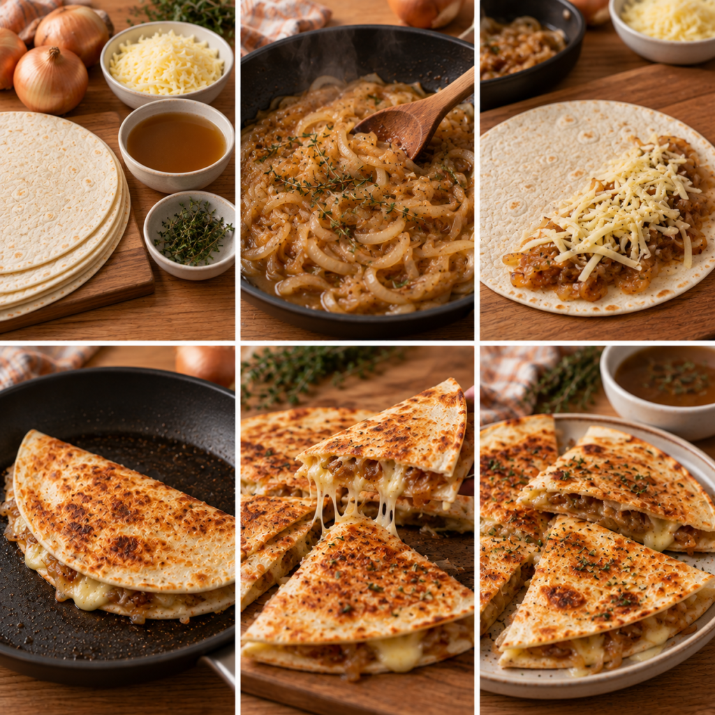 Quesadillas croustillantes garnies d’oignons fondants au thym et de gruyère fondu, dorées à la poêle et coupées en triangles pour le service.
