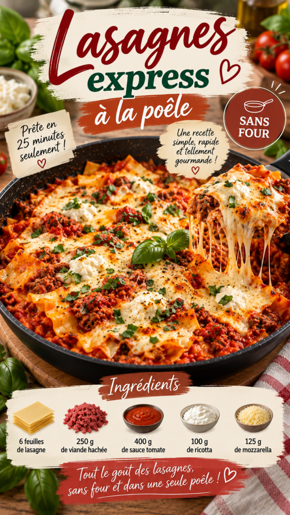 Lasagnes express à la poêle avec viande hachée et sauce tomate, garnies de ricotta crémeuse et de mozzarella fondue et filante.