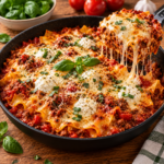 Lasagnes express à la poêle avec viande hachée et sauce tomate, garnies de ricotta crémeuse et de mozzarella fondue et filante.