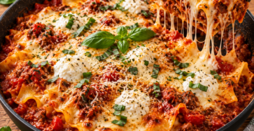 Lasagnes express à la poêle avec viande hachée et sauce tomate, garnies de ricotta crémeuse et de mozzarella fondue et filante.