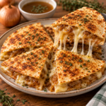 Quesadillas croustillantes garnies d’oignons fondants au thym et de gruyère fondu, dorées à la poêle et coupées en triangles pour le service.