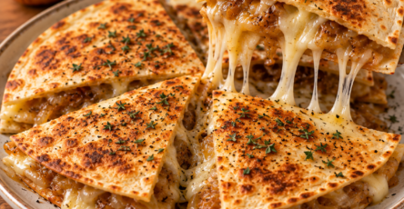 Quesadillas croustillantes garnies d’oignons fondants au thym et de gruyère fondu, dorées à la poêle et coupées en triangles pour le service.