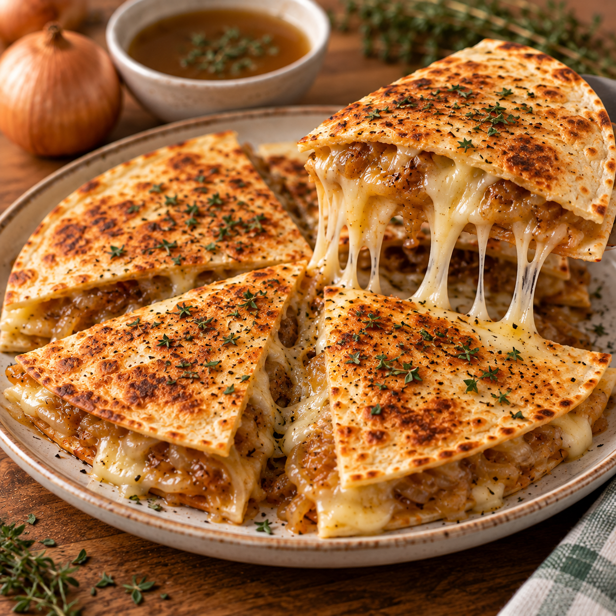 Quesadillas croustillantes garnies d’oignons fondants au thym et de gruyère fondu, dorées à la poêle et coupées en triangles pour le service.