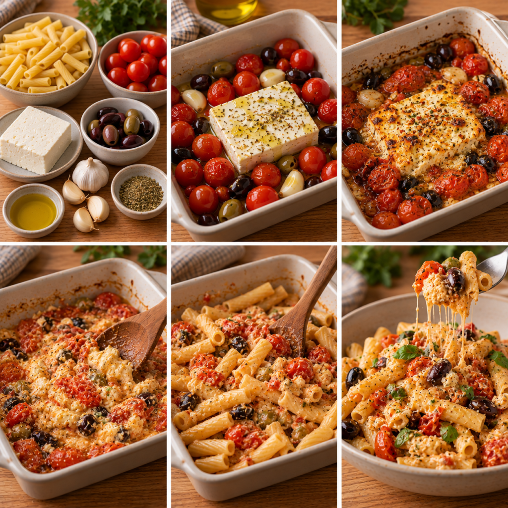 Pâtes courtes enrobées d’une sauce crémeuse à la feta rôtie et aux tomates cerises, garnies d’olives et d’ail fondant après cuisson au four.