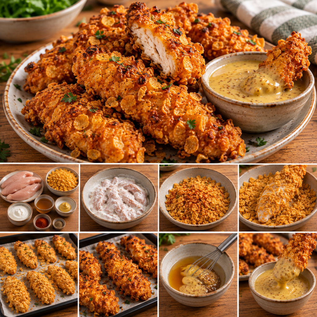 Morceaux de poulet croustillant panés aux cornflakes et paprika, dorés sans friture et servis avec une sauce crémeuse au miel et à la moutarde.