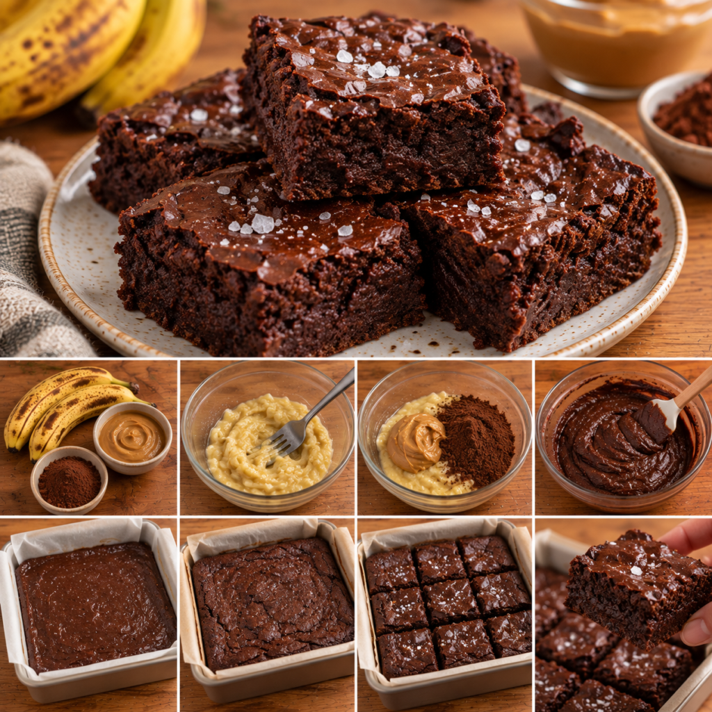 Brownie fondant sans farine préparé avec bananes mûres, beurre de cacahuète et cacao, découpé en carrés avec une pincée de fleur de sel.