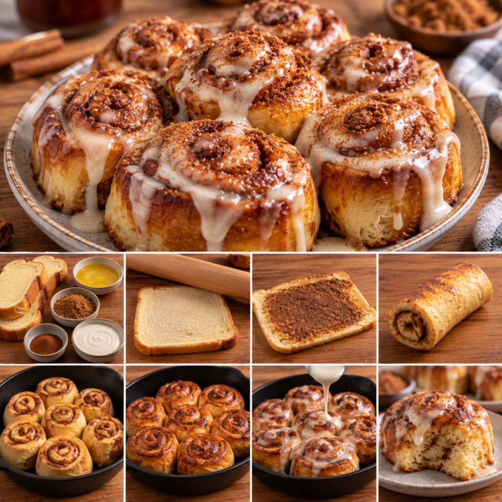 Cinnamon rolls express préparés avec des tranches de brioche roulées à la cannelle et au sucre roux, dorées puis nappées d’un glaçage crémeux.