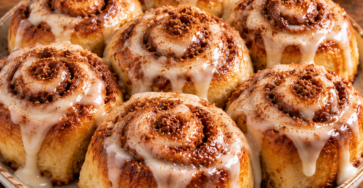 Cinnamon rolls express préparés avec des tranches de brioche roulées à la cannelle et au sucre roux, dorées puis nappées d’un glaçage crémeux.