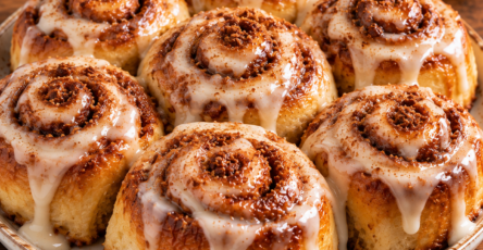 Cinnamon rolls express préparés avec des tranches de brioche roulées à la cannelle et au sucre roux, dorées puis nappées d’un glaçage crémeux.