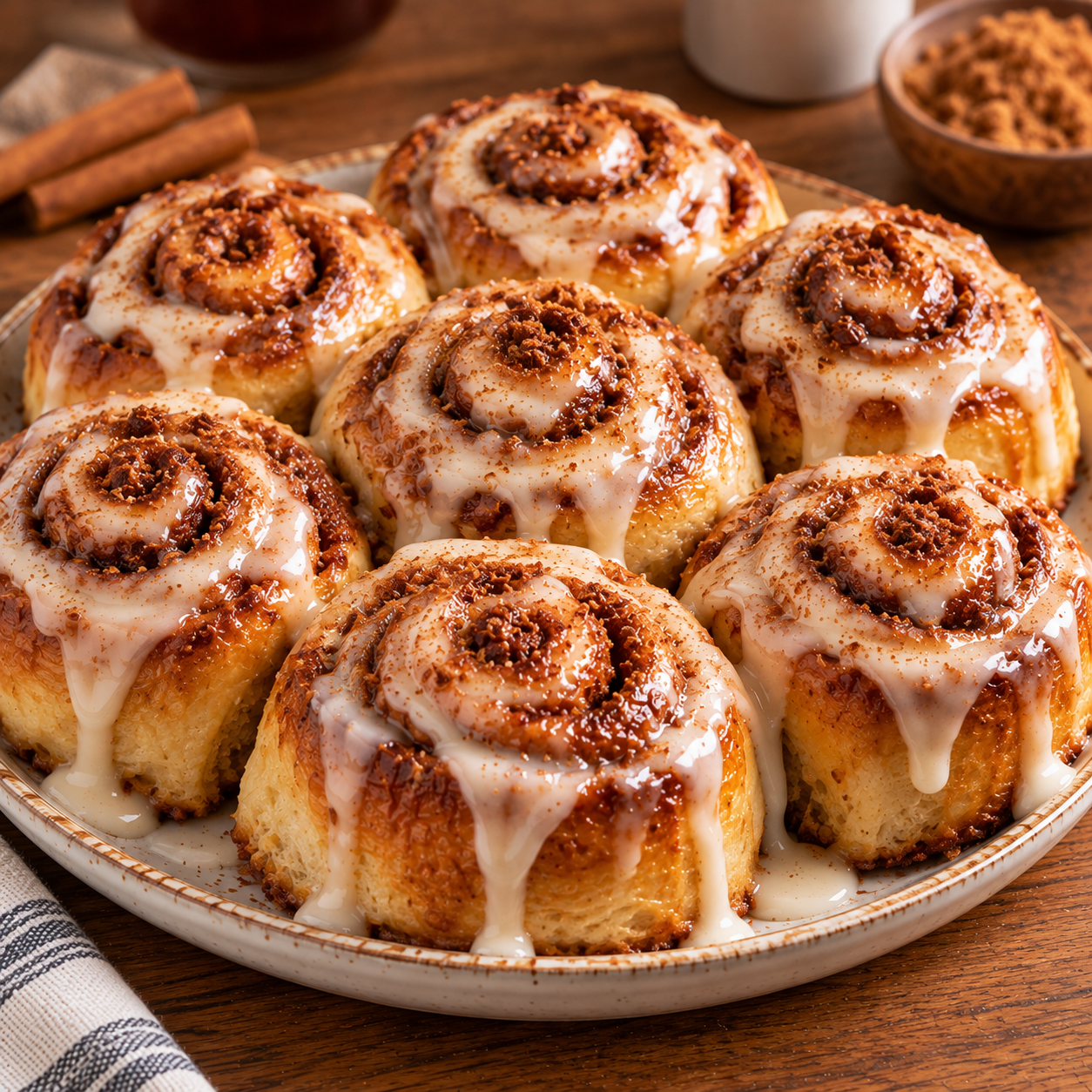 Cinnamon rolls express préparés avec des tranches de brioche roulées à la cannelle et au sucre roux, dorées puis nappées d’un glaçage crémeux.