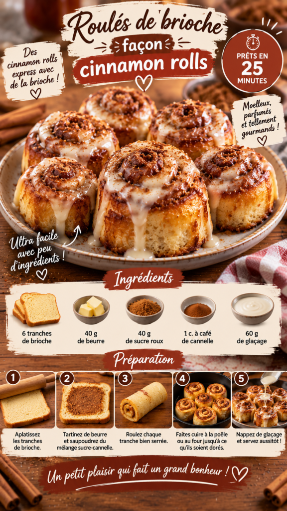 Cinnamon rolls express préparés avec des tranches de brioche roulées à la cannelle et au sucre roux, dorées puis nappées d’un glaçage crémeux.