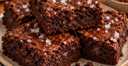 Brownie fondant sans farine préparé avec bananes mûres, beurre de cacahuète et cacao, découpé en carrés avec une pincée de fleur de sel.