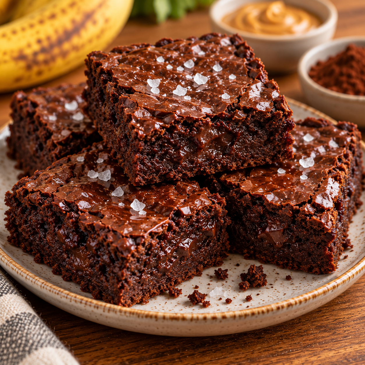 Brownie fondant sans farine préparé avec bananes mûres, beurre de cacahuète et cacao, découpé en carrés avec une pincée de fleur de sel.