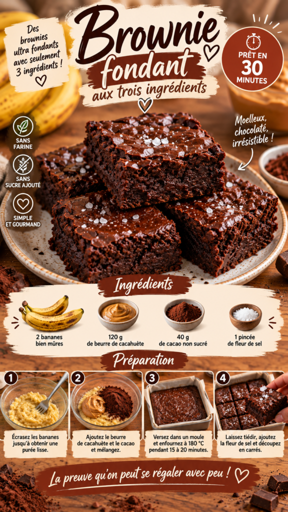 Brownie fondant sans farine préparé avec bananes mûres, beurre de cacahuète et cacao, découpé en carrés avec une pincée de fleur de sel.