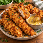 Morceaux de poulet croustillant panés aux cornflakes et paprika, dorés sans friture et servis avec une sauce crémeuse au miel et à la moutarde.