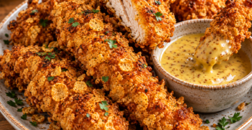 Morceaux de poulet croustillant panés aux cornflakes et paprika, dorés sans friture et servis avec une sauce crémeuse au miel et à la moutarde.