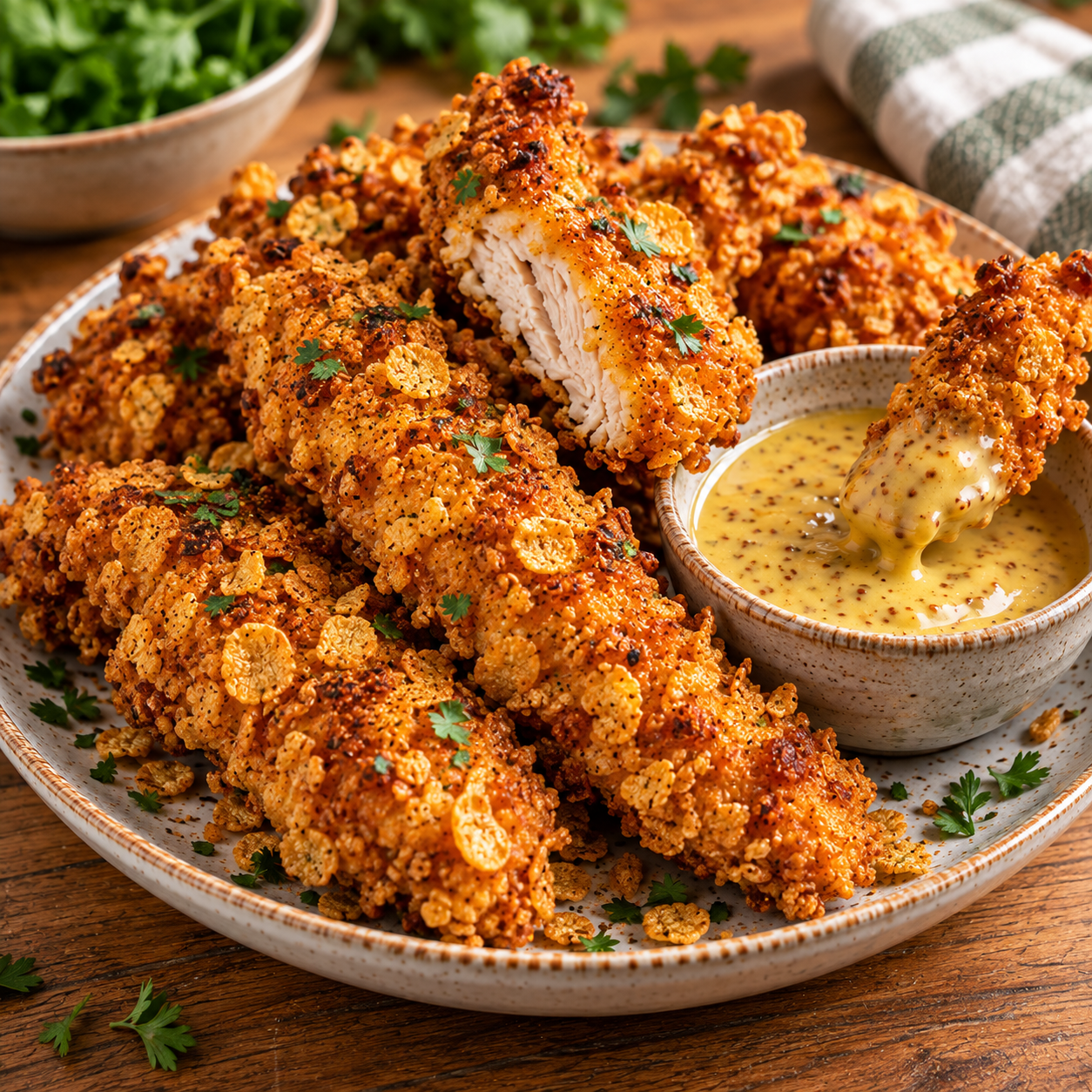 Morceaux de poulet croustillant panés aux cornflakes et paprika, dorés sans friture et servis avec une sauce crémeuse au miel et à la moutarde.