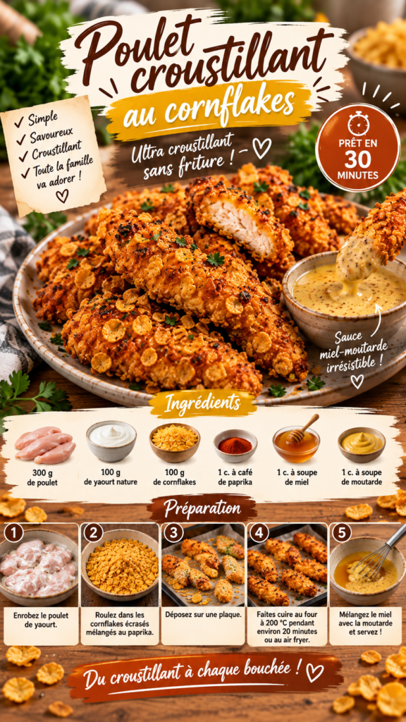Morceaux de poulet croustillant panés aux cornflakes et paprika, dorés sans friture et servis avec une sauce crémeuse au miel et à la moutarde.