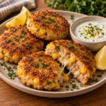 Galettes de thon croustillantes et dorées à la poêle avec maïs et fromage, servies chaudes avec une sauce crémeuse au yaourt et citron.