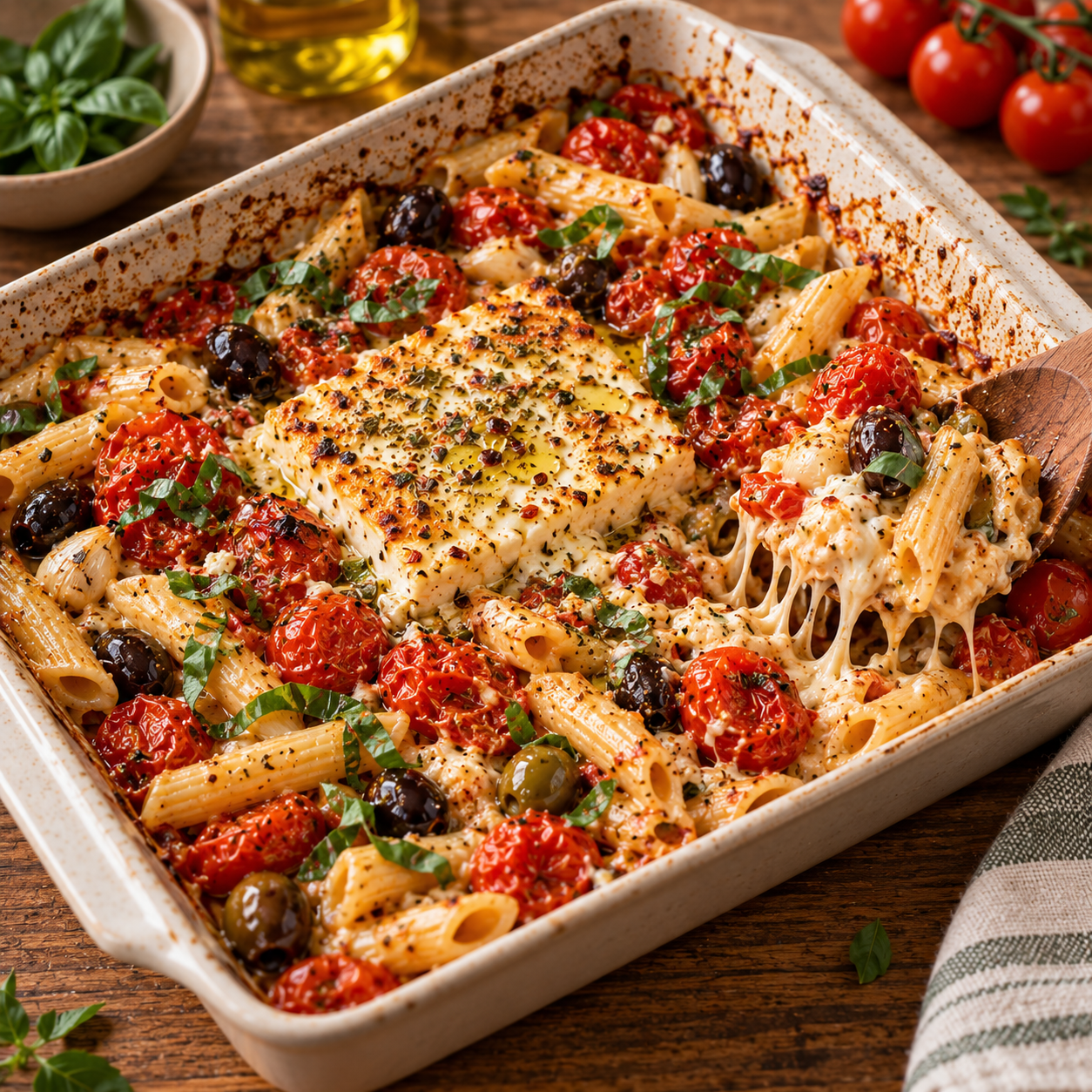 Pâtes courtes enrobées d’une sauce crémeuse à la feta rôtie et aux tomates cerises, garnies d’olives et d’ail fondant après cuisson au four.