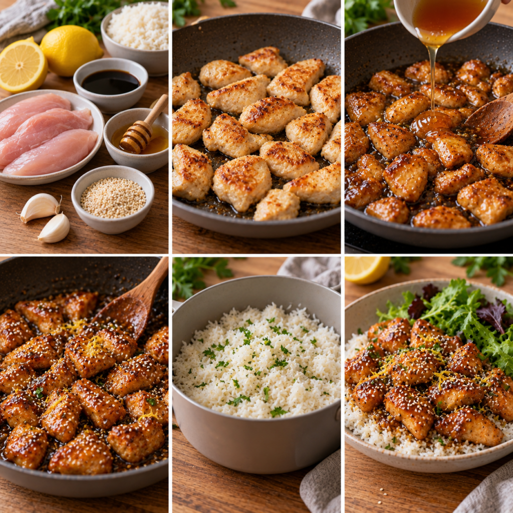 Morceaux de poulet dorés et enrobés d’une sauce brillante au miel, citron et sauce soja, parsemés de graines de sésame et servis avec du riz chaud.