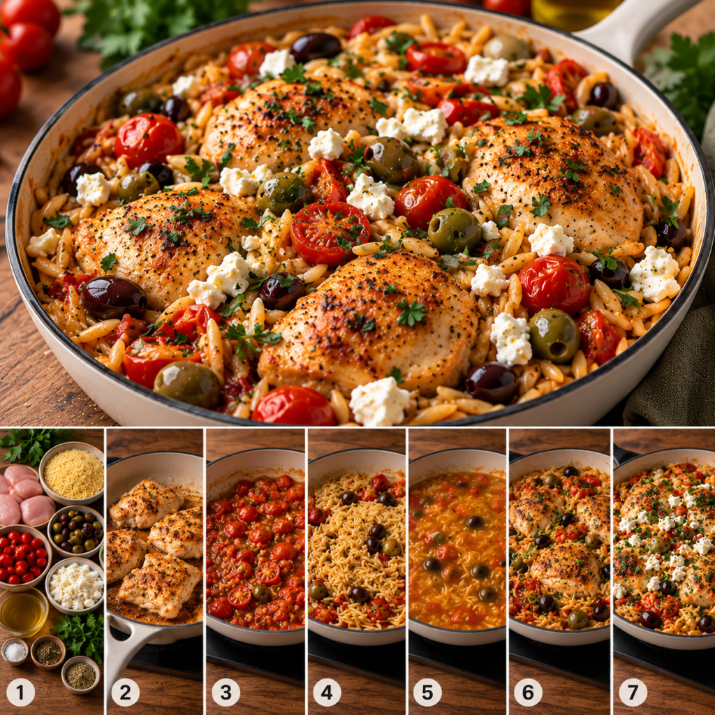 One-pot crémeux d’orzo au poulet avec tomates concassées, olives et feta émiettée, servi chaud directement dans une grande poêle.