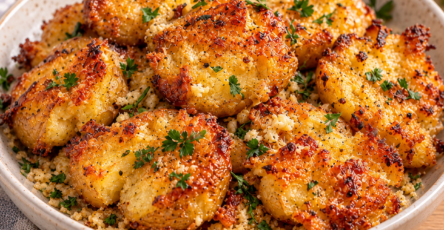 Petites pommes de terre écrasées et croustillantes au four, recouvertes de parmesan doré, de beurre à l’ail et d’herbes aromatiques.