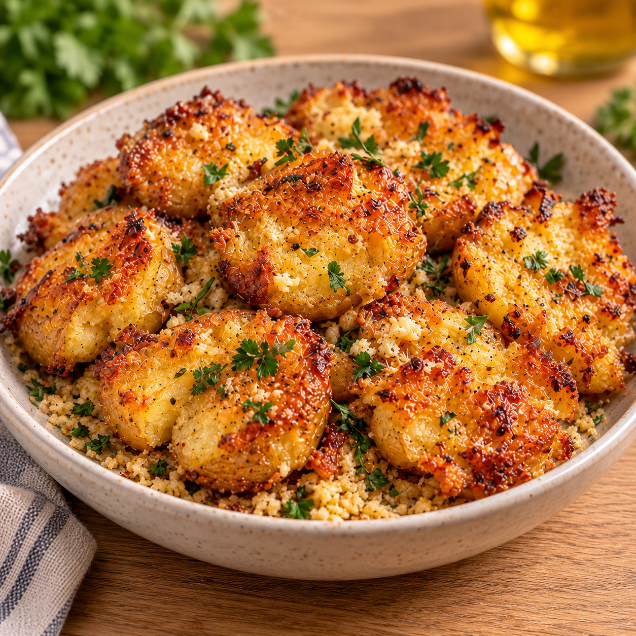 Petites pommes de terre écrasées et croustillantes au four, recouvertes de parmesan doré, de beurre à l’ail et d’herbes aromatiques.