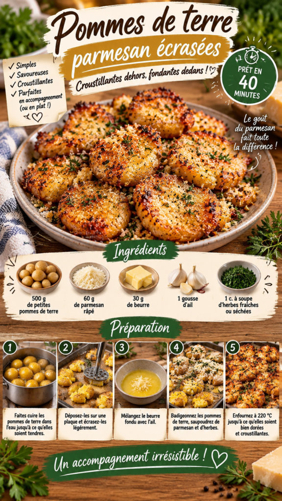 Petites pommes de terre écrasées et croustillantes au four, recouvertes de parmesan doré, de beurre à l’ail et d’herbes aromatiques.