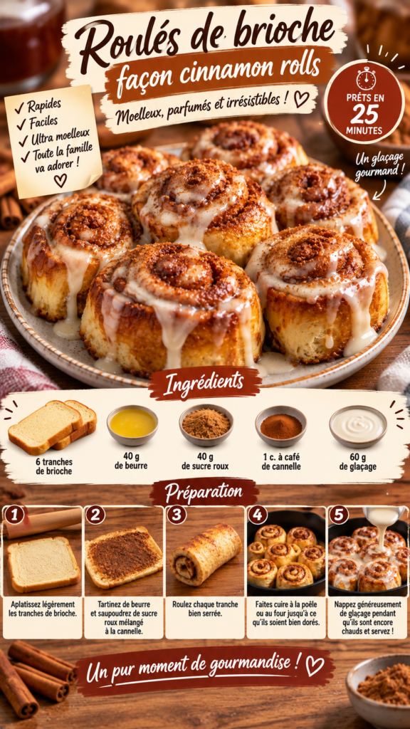 Cinnamon rolls express préparés avec des tranches de brioche roulées au beurre, sucre roux et cannelle, dorées puis recouvertes de glaçage crémeux.