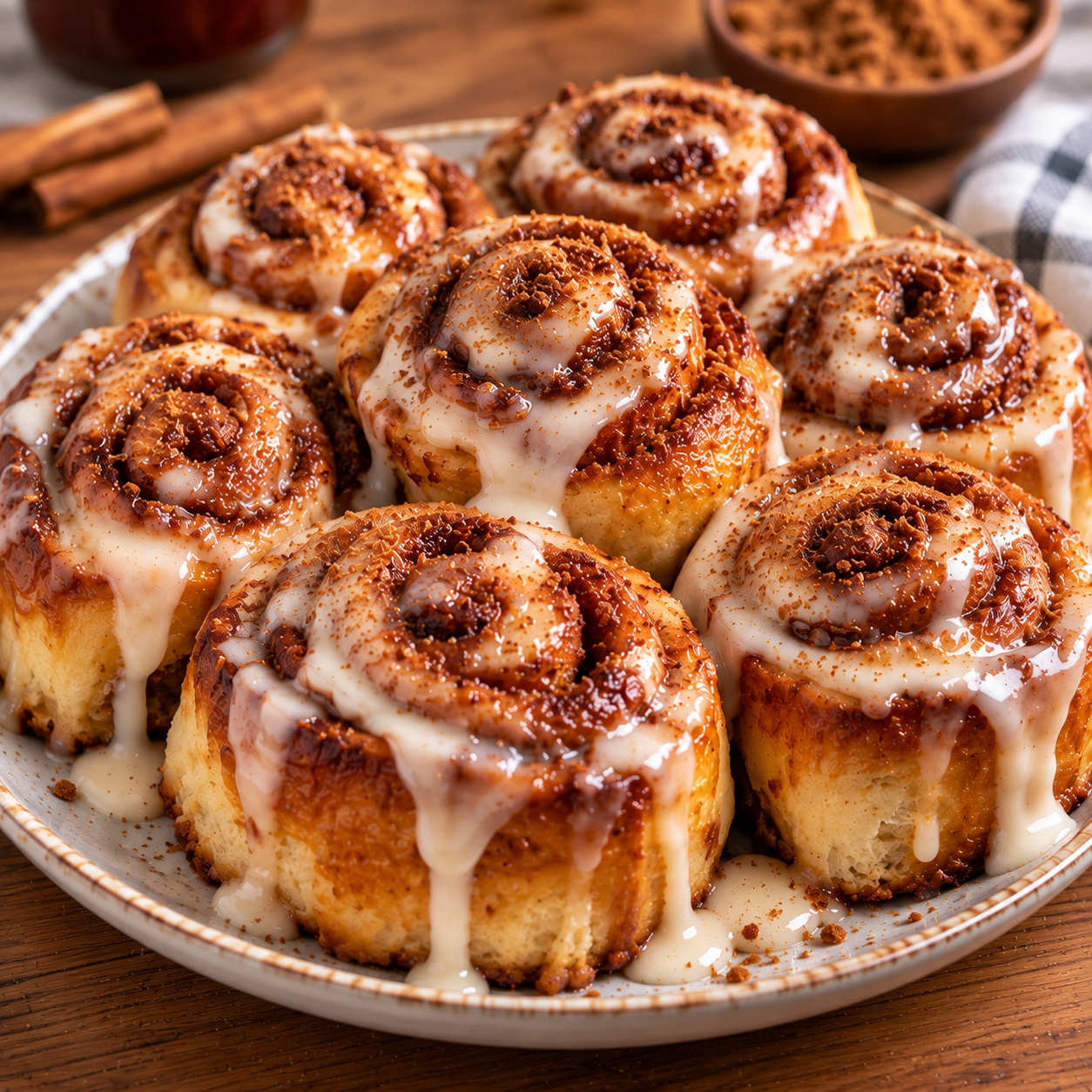 Cinnamon rolls express préparés avec des tranches de brioche roulées au beurre, sucre roux et cannelle, dorées puis recouvertes de glaçage crémeux.