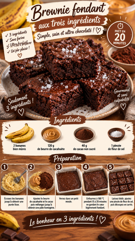 Brownie fondant sans farine découpé en carrés, préparé avec bananes mûres, beurre de cacahuète et cacao, avec une pincée de fleur de sel.